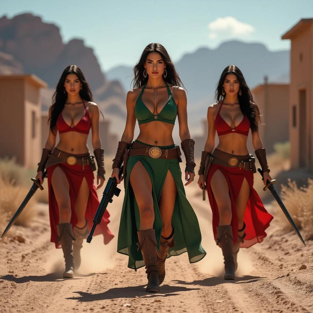 Three strong women walk confidently down a dusty desert path. The central figure wears a striking green outfit and has a rifle. The companions wear red outfits with swords. The setting is gritty and sunlit. There are desolate buildings in the background. This scene evokes empowerment and readiness for action.