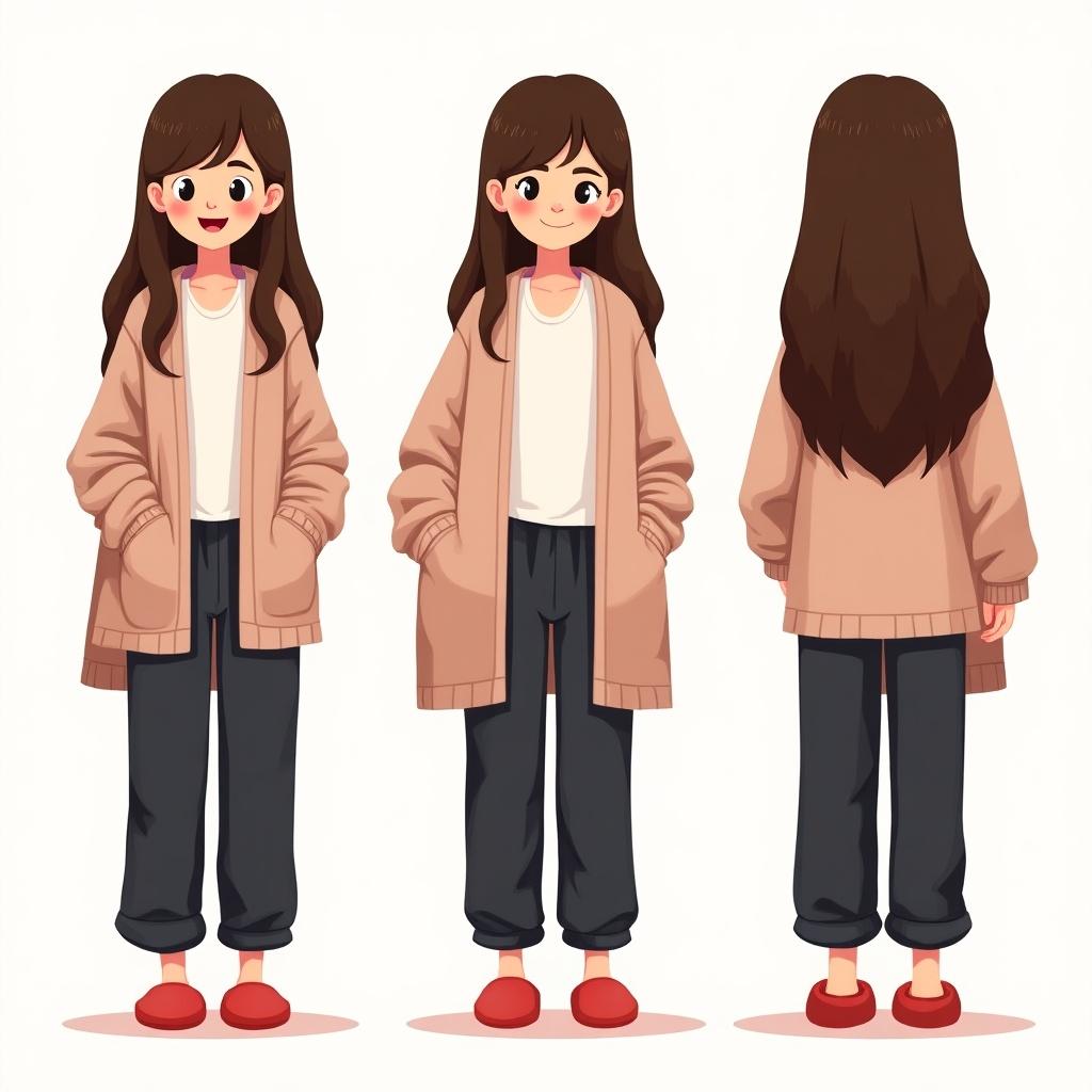 Cartoon character turn-around sheet featuring a female with long brown hair in three views front side back. She wears comfy dark pajama pants and a band shirt with a blanket and fluffy red slippers. The character appears cheerful, showcasing a chill at-home aesthetic suitable for creative projects.