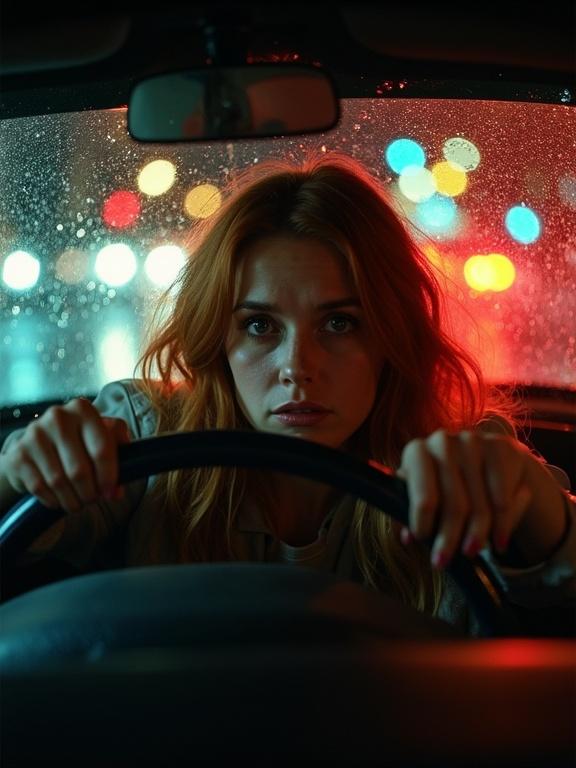 Dramatic overhead shot through rain-streaked car window at night. Young woman with fiery red hair grips steering wheel. Street lights create colorful bokeh through wet window. Worried expression illuminated by warm glow. Centered composition with wide lens and shallow depth of field. Vintage Agfa Vista film.