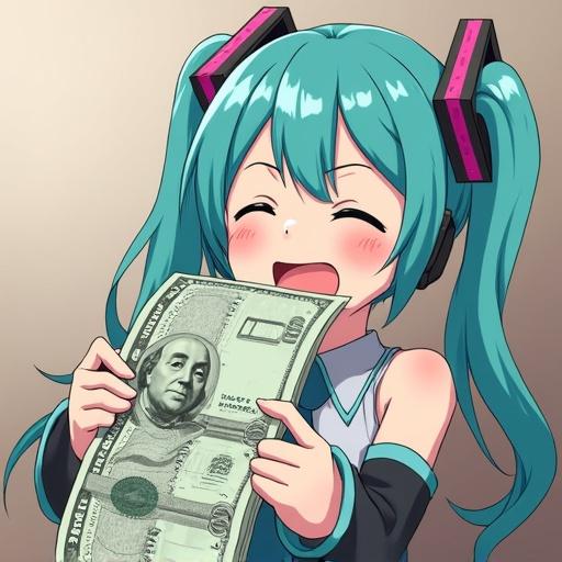 Anime character holding a large 10000 Yen bill. Character looks very happy and cheerful. Expression shows foolish laughter and drooling. Styled in anime format.