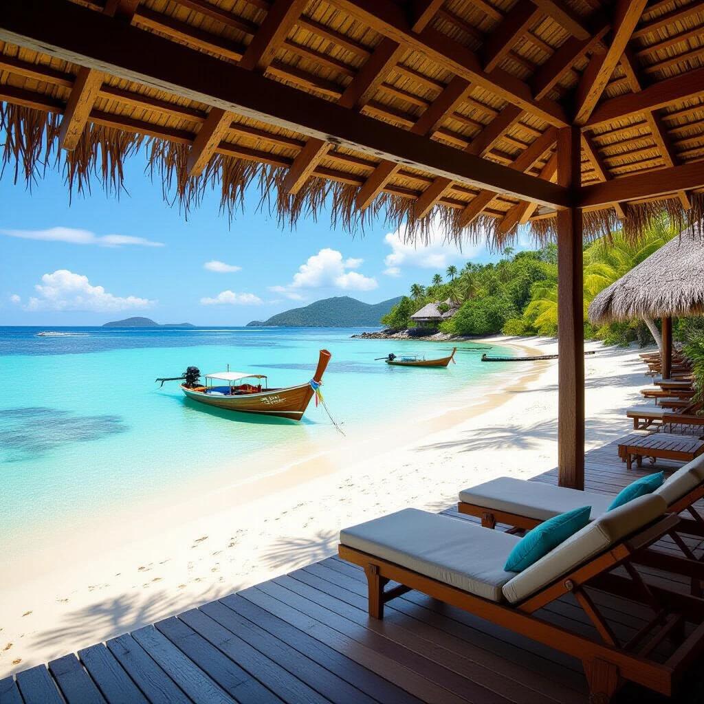 Beautiful tropical island scene with turquoise water. Beach with boats and lounge chairs under a thatched roof.