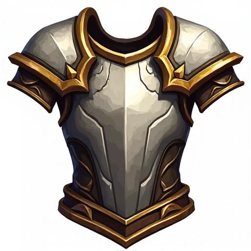 Icon of a rare breastplate featuring silver and white with gold, brown, and black accents for a card game. Designed in the style of World of Warcraft. Size 48 x 48 pixels with a transparent background.