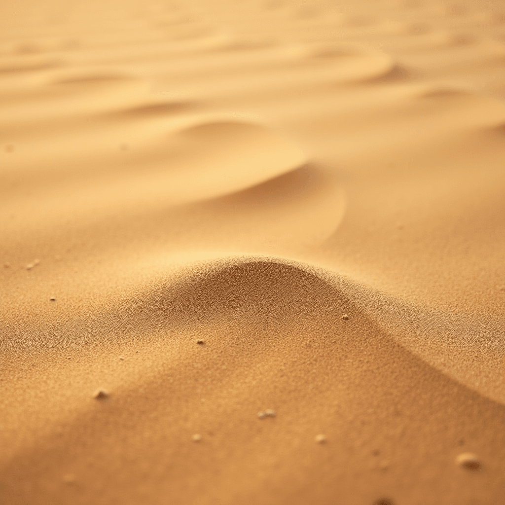 The image captures a close-up view of a sand dune, highlighting its smooth and textured surface with soft curves shaped by the wind, bathed in warm golden sunlight.