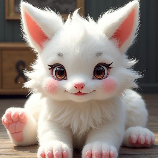 A masterpiece of a fluffy creature with prominent ears. Fur is white with soft textures. The creature is posed with its claws visible and shown from a frontal perspective.
