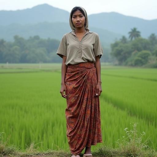 A young Javanese woman stands in a rice field. Height 160 cm, weight 50 kg. Proportional body posture. She has fair skin and a round face. Wearing a batik sarong and simple blouse. Dressed casually in hijab and rubber sandals. Neutral lighting background of mountains.