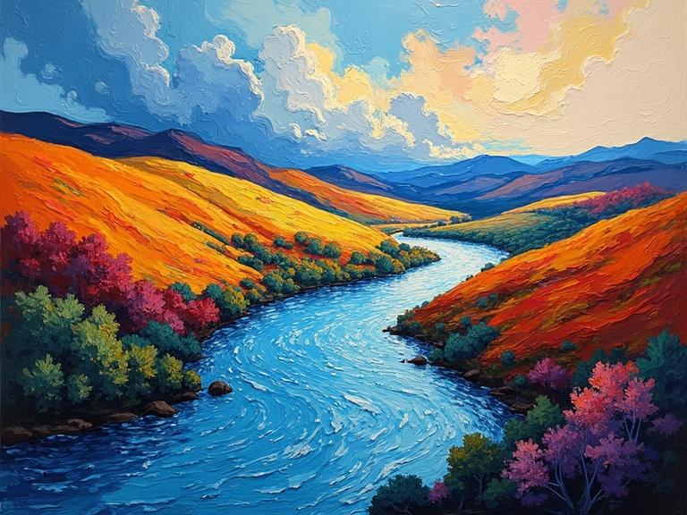 Vibrant river flowing through vibrant rolling hills, dynamic Fauvism art style inspired by Vlaminck, oil on linen, characterized by aggressive brushstrokes, expressive water shimmer, zigzag river shapes, swirling clouds, directional strokes, and thick pigment buildup.