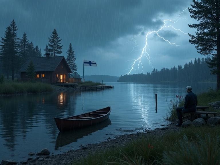 Finnish summer cottage on lake shore with stormy weather. Rowboat on shore partly submerged. Rain and lightning present. Finnish flag on flagpole near cottage. Pier next to rowboat. Horror characters sitting on pier.