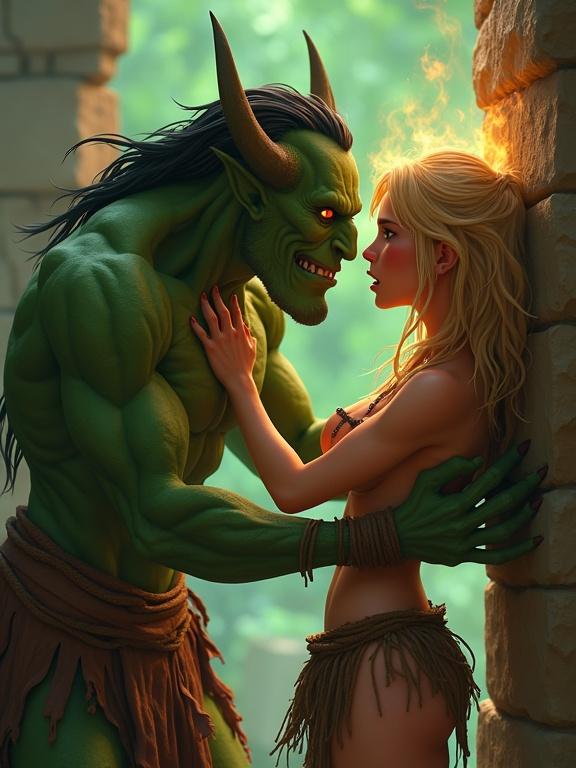 Pixar cartoon style depiction of a green demon and a tribal woman. Demon is pinning woman against a stone wall. One clawed hand on her chest. Woman has an arched back. She appears fearful but resisting. Their faces are close. Demon's eyes are glowing. Smoke and fire surround them.