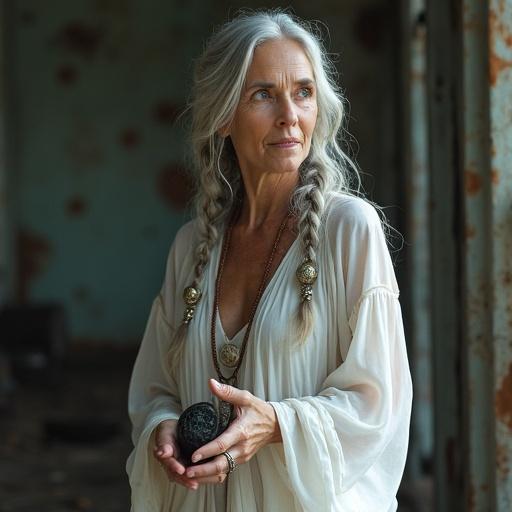 Photorealistic image of a woman in her mid-50s with silver hair and amber eyes in a grunge spaceship. She wears a white translucent robe and carries black stones. She stands gracefully preaching to listeners in a mess hall.