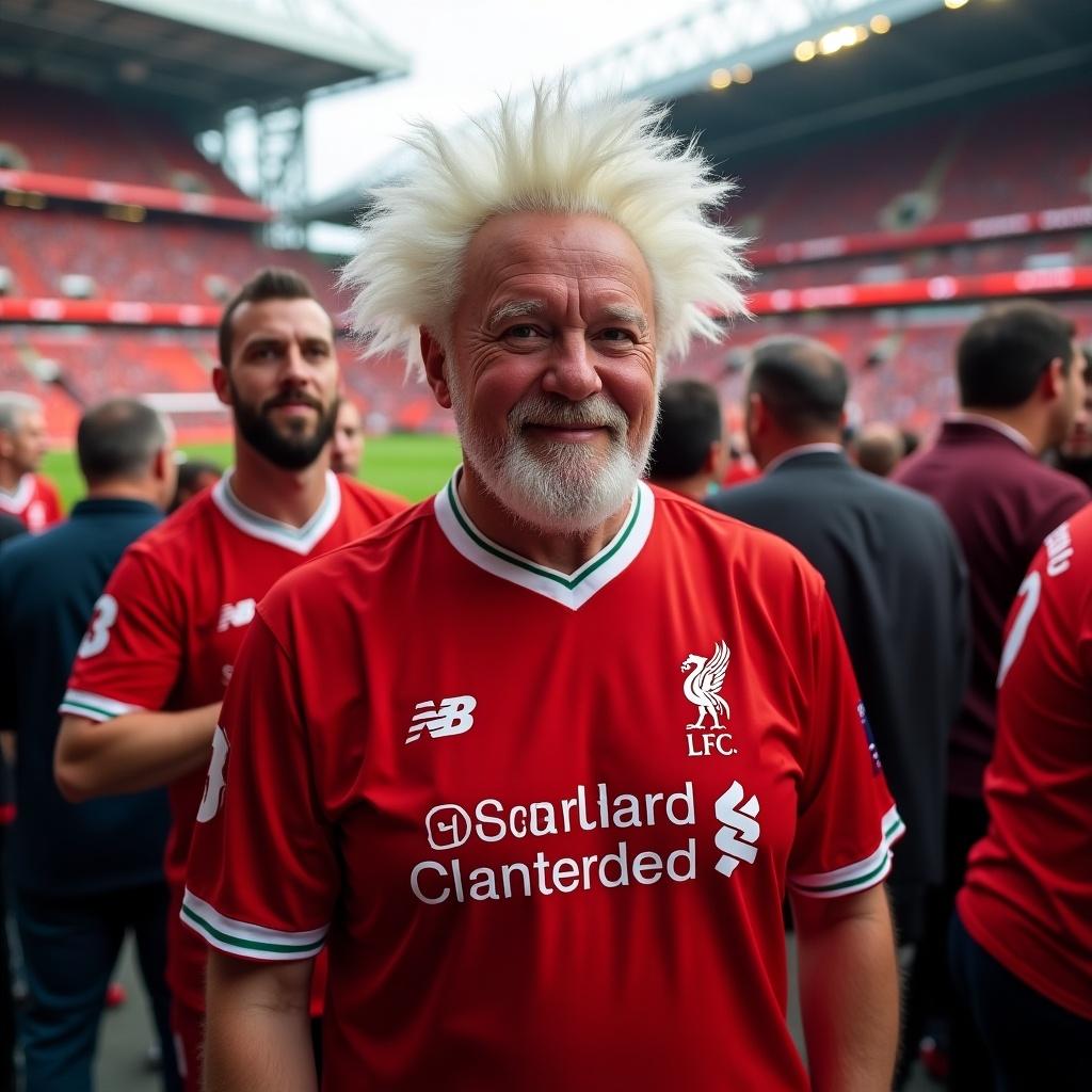 The image captures a joyful man with white, spiky hair proudly wearing a Liverpool FC jersey at Anfield stadium. He stands among other fans, showcasing a lively sports atmosphere. The background is filled with red hues, creating an energetic vibe. His expression radiates excitement and passion for the game. This scene highlights the camaraderie and spirit of football culture.