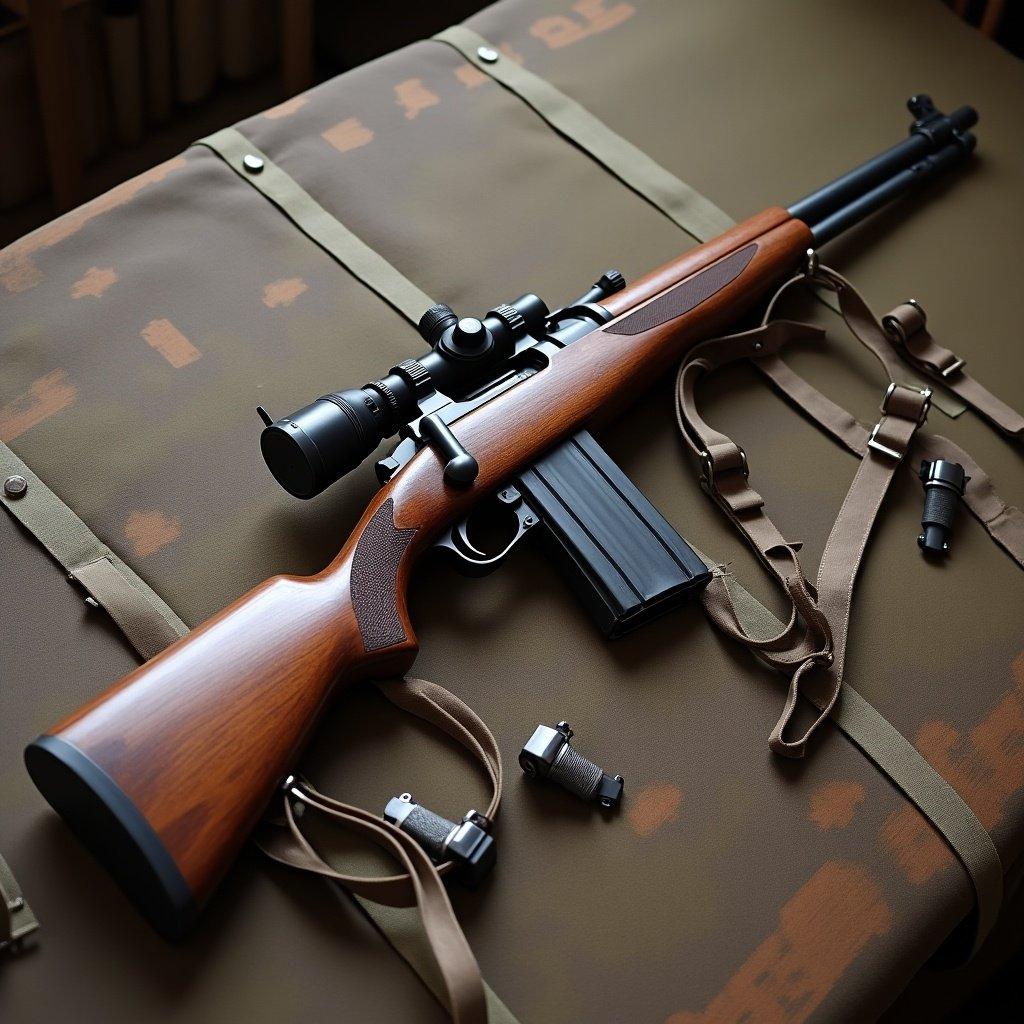 M1 style rifle from World War II era. Features wooden stock, scope, and slings on a green surface.