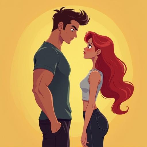 High quality image of a couple in an invincible animation show style. Guy is rebellious. Girl is athletic with red hair. Girl is taller than the guy. Romantic theme featuring a noticeable height difference.