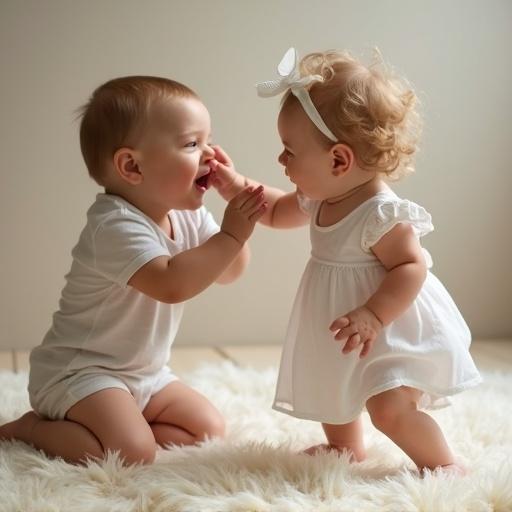 Image depicting a baby boy and baby girl playing together on a soft rug. The baby boy is smiling and reaching out to the girl. The baby girl looks joyful. The scene feels wholesome and playful.