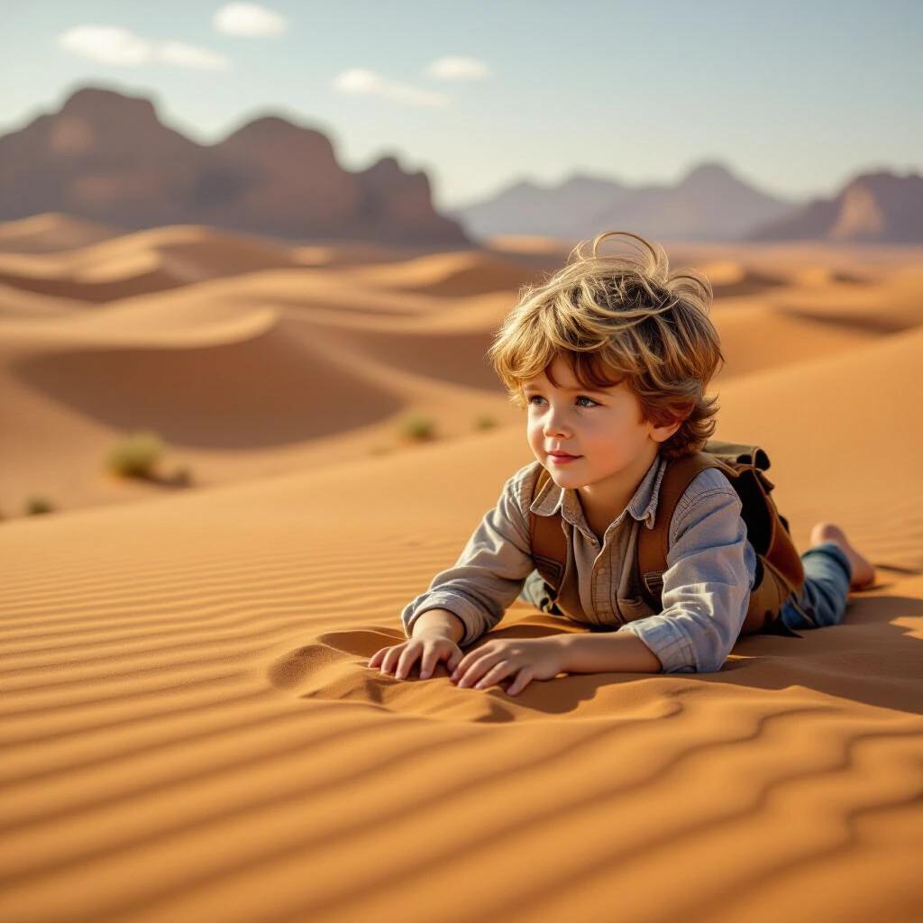 A little boy is lying on sand in a desert. The boy is engaging with the sand around him. Background shows desert hills and a clear sky.