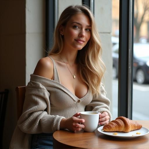 A Nordic woman enjoys coffee in a café. She has light blonde hair and fair skin with freckles. She's wearing a cozy sweater and high-waisted jeans, sitting at a small round table. The café is warm and inviting, with natural lighting and people outside. A croissant is on the table. She laughs with her friend, creating a relaxed and happy mood.