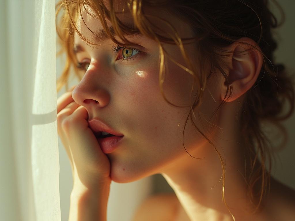 A dreamy portrait of a young woman with curly hair. Sunlight filters through sheer curtains creating a hazy background. The girl has a shy expression with freckles, evoking a sense of warmth and intimacy. The atmosphere is soft and romantic in style reminiscent of classic artistic photography.