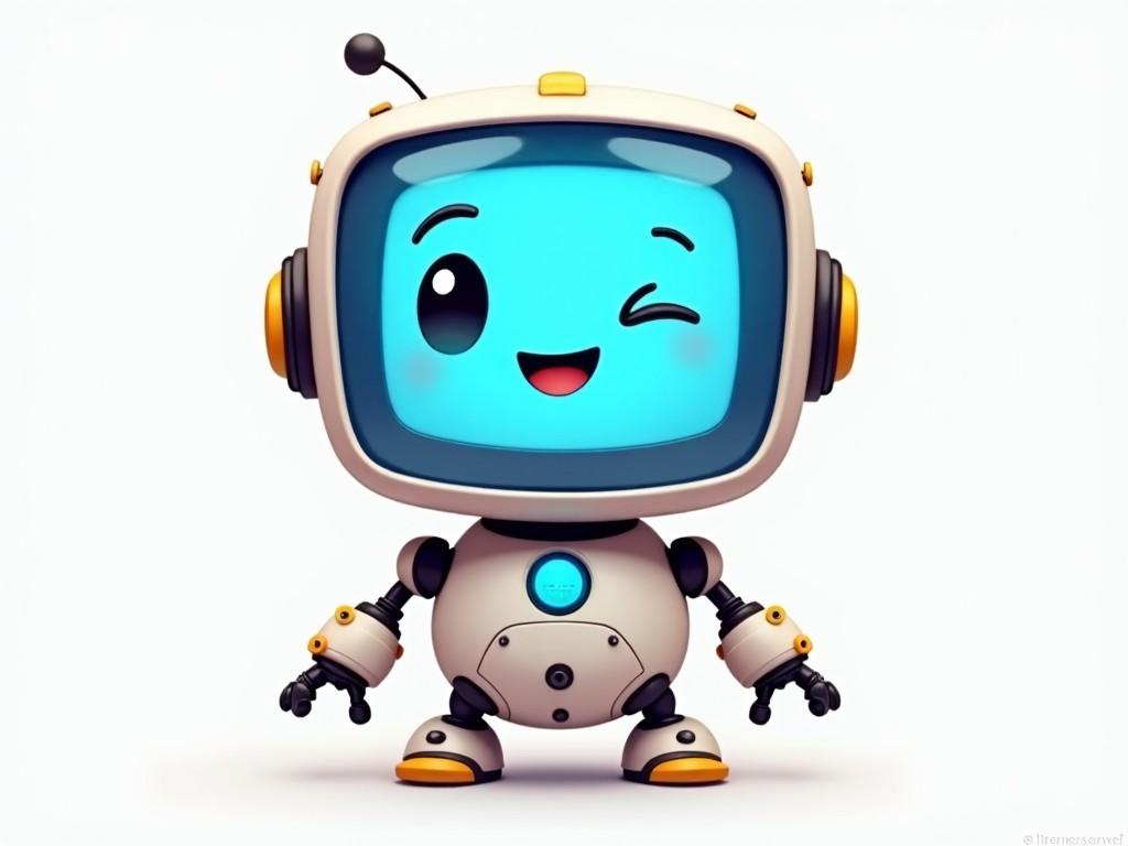 The image shows a cartoon-like robot character with a blue screen for a face. The screen displays a winking expression with one eye open and a happy smile. The robot has a rounded body with a central blue button and small limbs. It features accents in yellow, adding a playful touch to its design. The overall style is futuristic and friendly, aimed at being appealing and approachable.