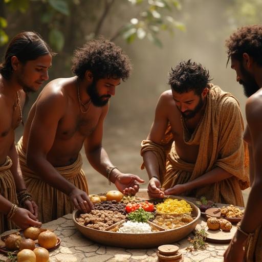 Group of ancient people sharing food in a serene outdoor setting. Warm atmosphere with soft lighting. Emphasis on community and cultural traditions.