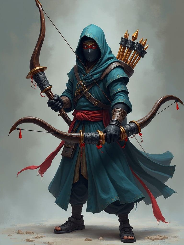 Hooded figure stands confidently holding a bow with multiple features. Archer equipped with a quiver of arrows. Clothing intricate and flowing. Ideal for fantasy themes and ninja stories.