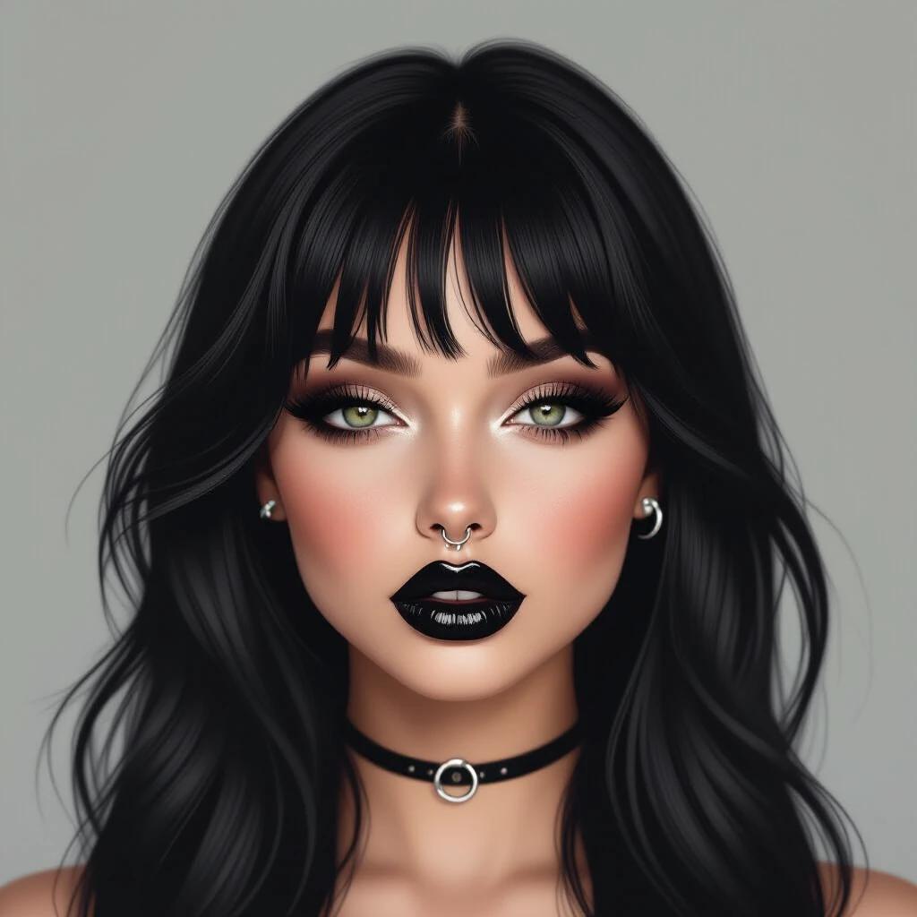Highly detailed portrait of a young gothic woman. Soft rounded face and smooth pale complexion. Full lips with glossy black lipstick. Bright black eyes with long, voluminous eyelashes. Silver septum ring. Long, dark flowing hair and no bangs. Plain neutral background. Soft frontal lighting.