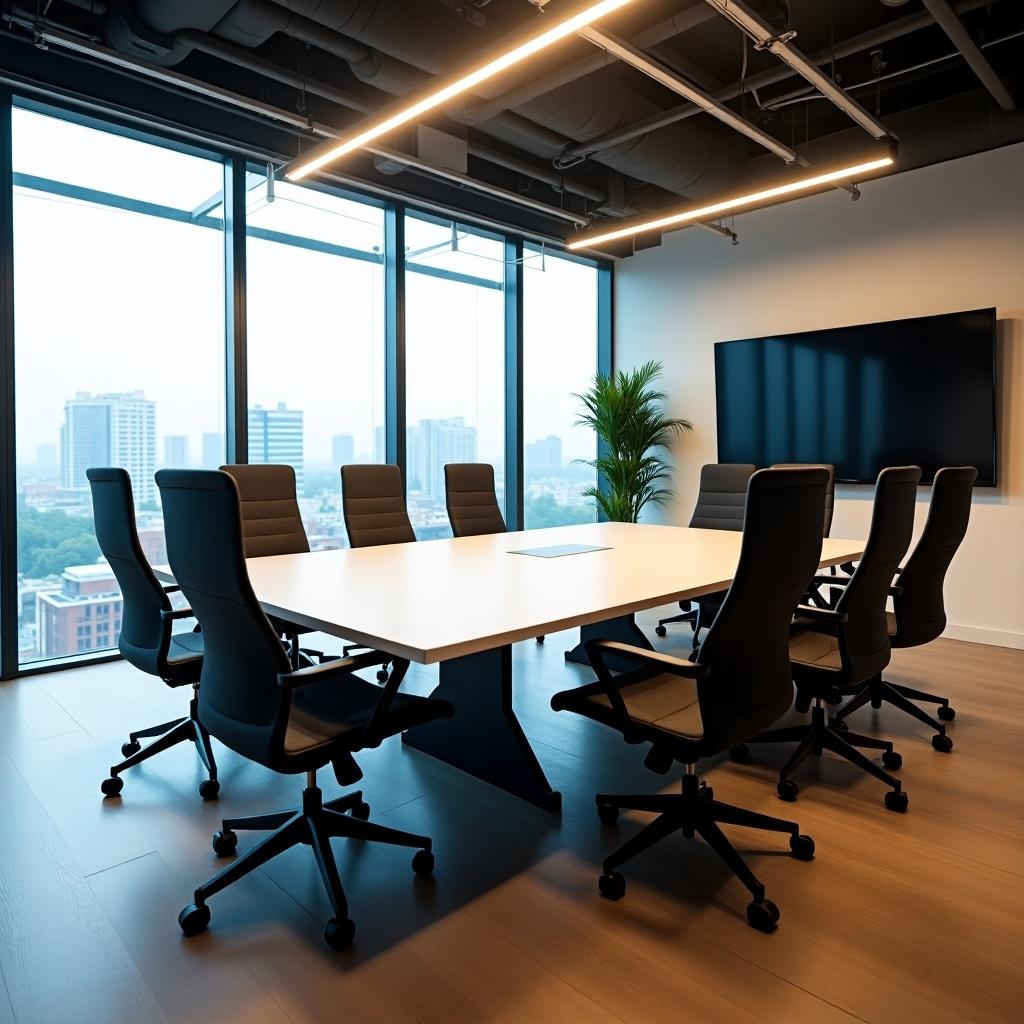 Modern stylish office space featuring a conference room with a large table and ergonomic chairs, surrounded by floor-to-ceiling windows and a view of a city skyline.