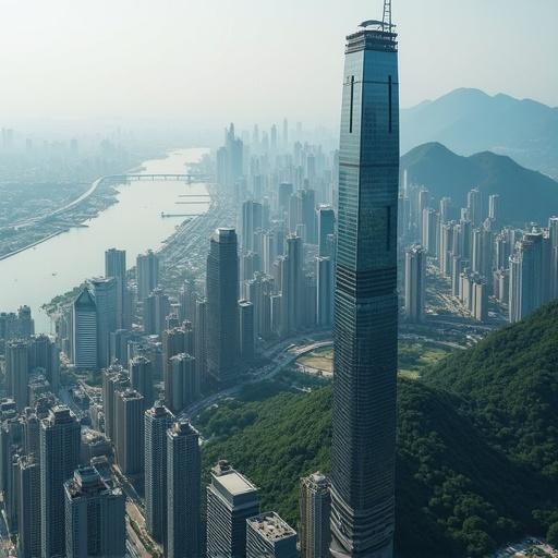 Aerial view of Xingzhou showcasing a massive skyline dominated by tall skyscrapers and terraced hills. The image captures the urban core near an artificial harbor and the surrounding industrial and satellite areas. Blue skies complement the green hills in the distance.