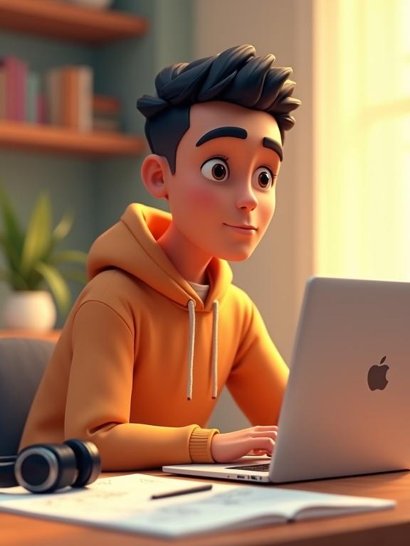 3D cartoon scene of a young Egyptian male designer with warm olive skin and dark expressive eyes. He sits at a desk with a laptop, sketchbook, and headphones, wearing a fitted hoodie and jeans. His expression is focused and hopeful in a cozy background with warm lighting.