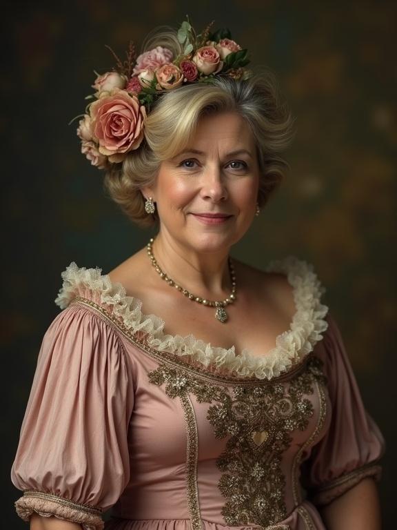 Mother dressed elegantly in a vintage inspired gown with a floral headdress. The gown features detailed embellishments and a fitted bodice. The subject displays a warm and inviting expression.