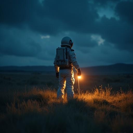 An astronaut stands alone in a vast grass field at night. The face is hidden from view. The astronaut holds a torch that lights up the surroundings illuminating the grass.