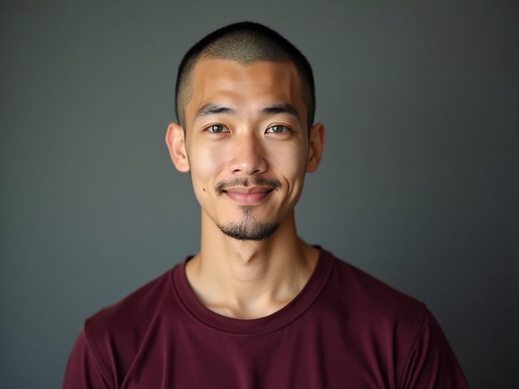 Studio portrait photograph of a young man with green eyes and a closely shaved head. He has a shaved beard and a slight smile. He wears a deep burgundy t-shirt, with a simple gray background.