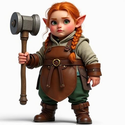Character reference of a female dwarf in a front view body shot standing in A-pose. Character has ginger braided messy hair, green eyes, thick lips, serious yet sweet expression. Stature is short, curvy, muscular, wearing leather boots and apron, holding a hammer.