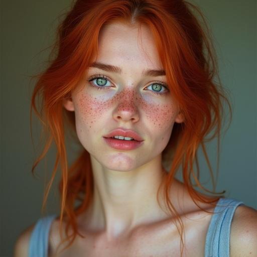 Photorealistic portrait of a young woman with red hair and freckles. Bright blue eyes and full pink lips. Dressed in a light blue sundress.