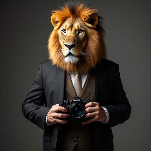 A lion in a suit holding a camera in a photorealistic style.