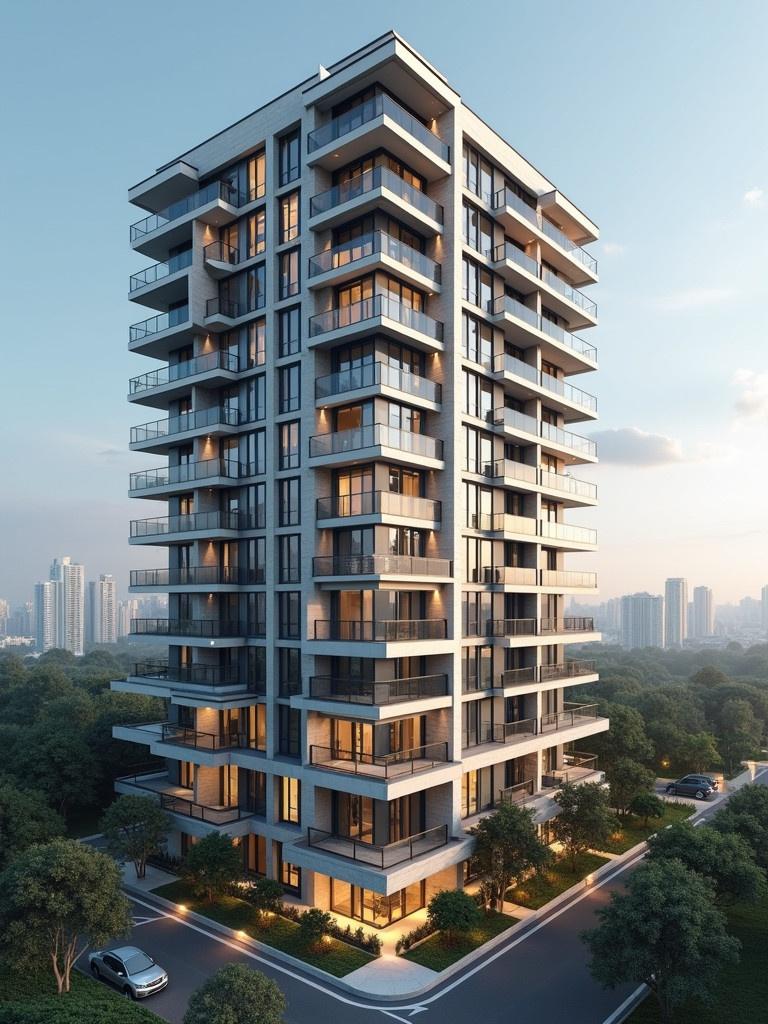 12 floors residential building in an urban setting with balconies and glass windows. The building surrounded by greenery and city skyline in the background. Bright daylight enhances the architectural features.