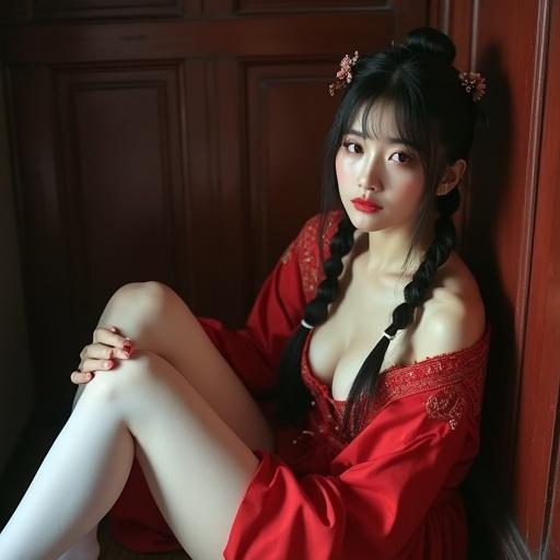 Film photography style featuring a seductive young woman in Ming Dynasty attire. She wears a red embroidered garment and white stockings. The subject has a crystal-like skin quality and disheveled hair styled with braids and floral hairpins. She holds a pipa and exudes vulnerability. The lighting is dramatic with strong contrasts. The image has a high exposure and a dark tone.