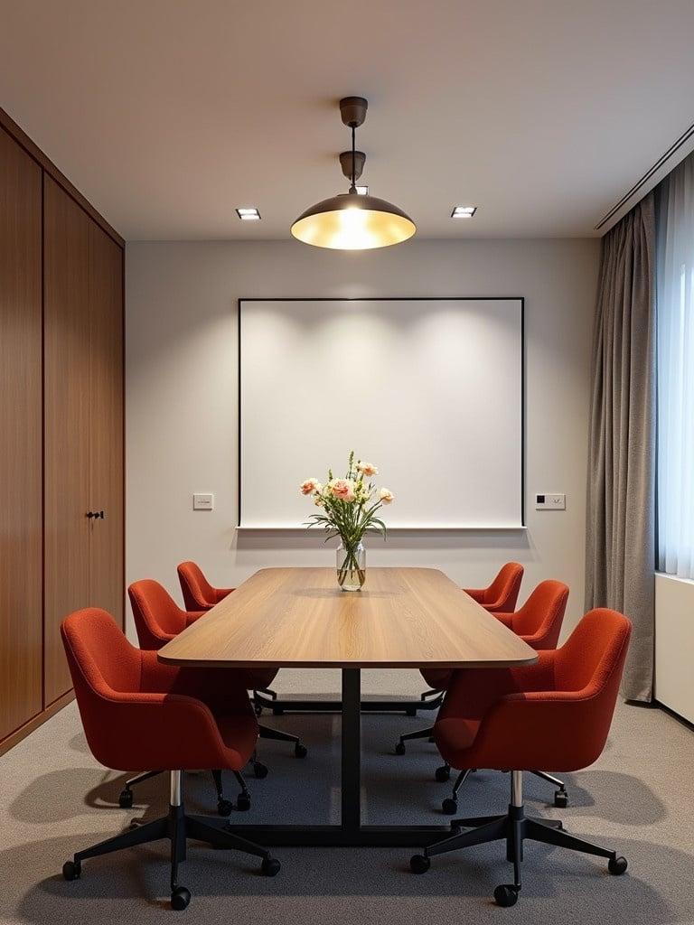 A meeting room designed for business discussions. No people present. Features a large wooden table surrounded by red chairs. A vase of flowers is centered on the table. A whiteboard is mounted on the wall in the background. The room is well-lit with warm lighting and has a contemporary feel.