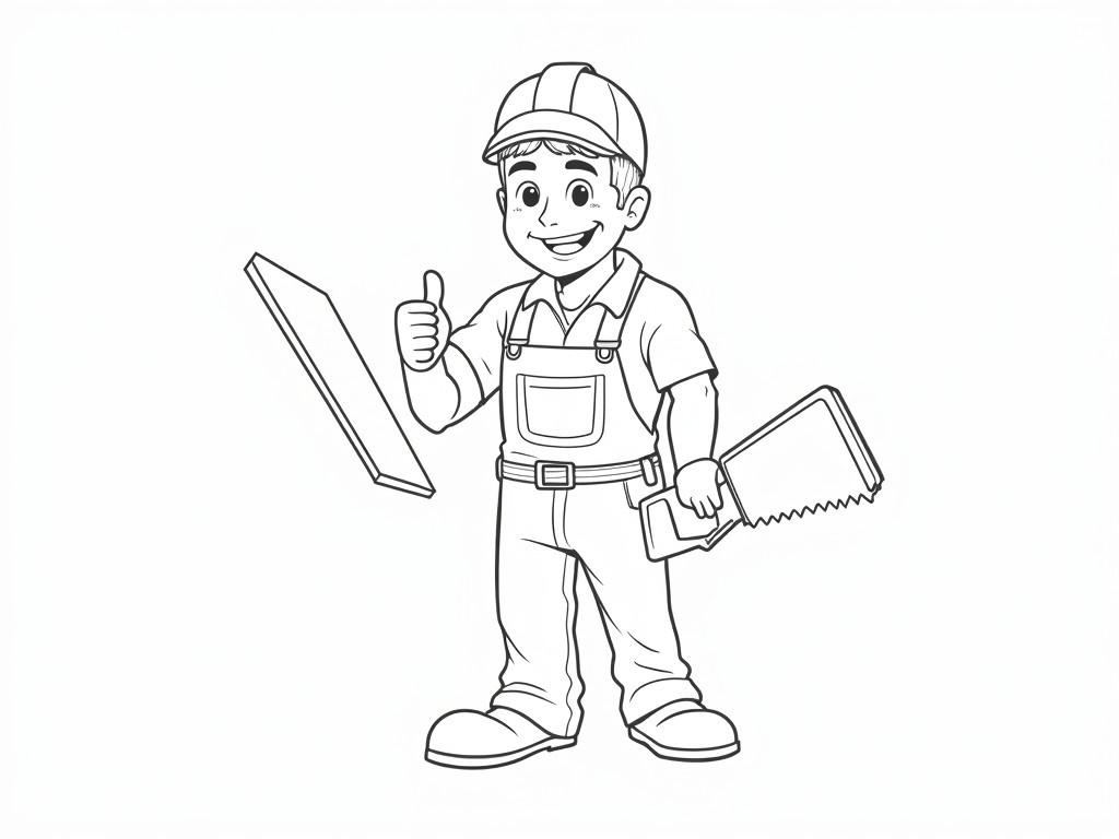 Create a black and white vector illustration of a cheerful handyman. He should be wearing overalls and holding a pencil behind his ear. In one hand, he holds a wooden plank, and in the other hand, a saw. His expression is friendly and confident, with a thumbs up gesture. The lines should be bold and clear, emphasizing the character's features and tools.