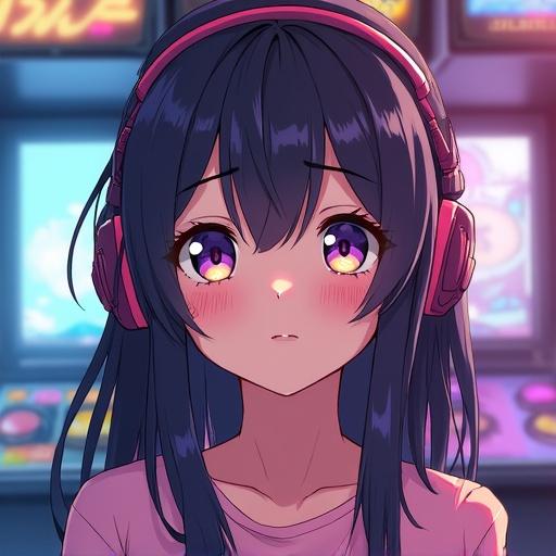 Cute 18-year-old girl drawn in anime style with expressive eyes. She gazes ahead in an arcade setting. Features vibrant semi-long hair, simple headphones, and otaku-like clothing. Facial features emphasized with delicate touches.