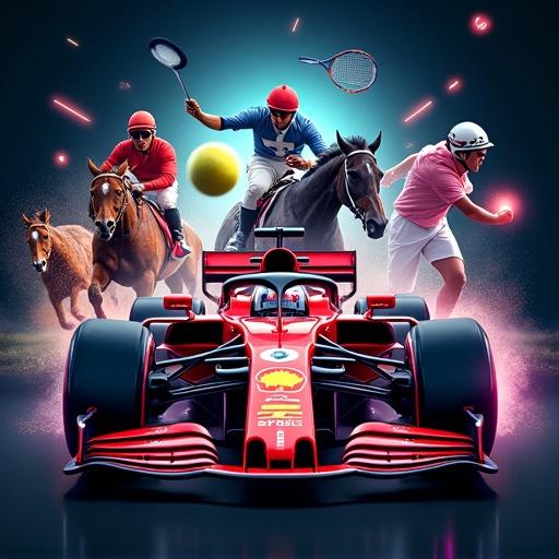 Dynamic sports collage with a Formula 1 car in the center. Surrounding sports elements include horse racing with jockeys, a glowing tennis ball, esports characters, a gamer with a headset, and a mobile phone displaying a gaming app. Features soccer players and various sports related to betting. The composition is energetic and colorful with realistic yet stylized elements, against a transparent or dark background.