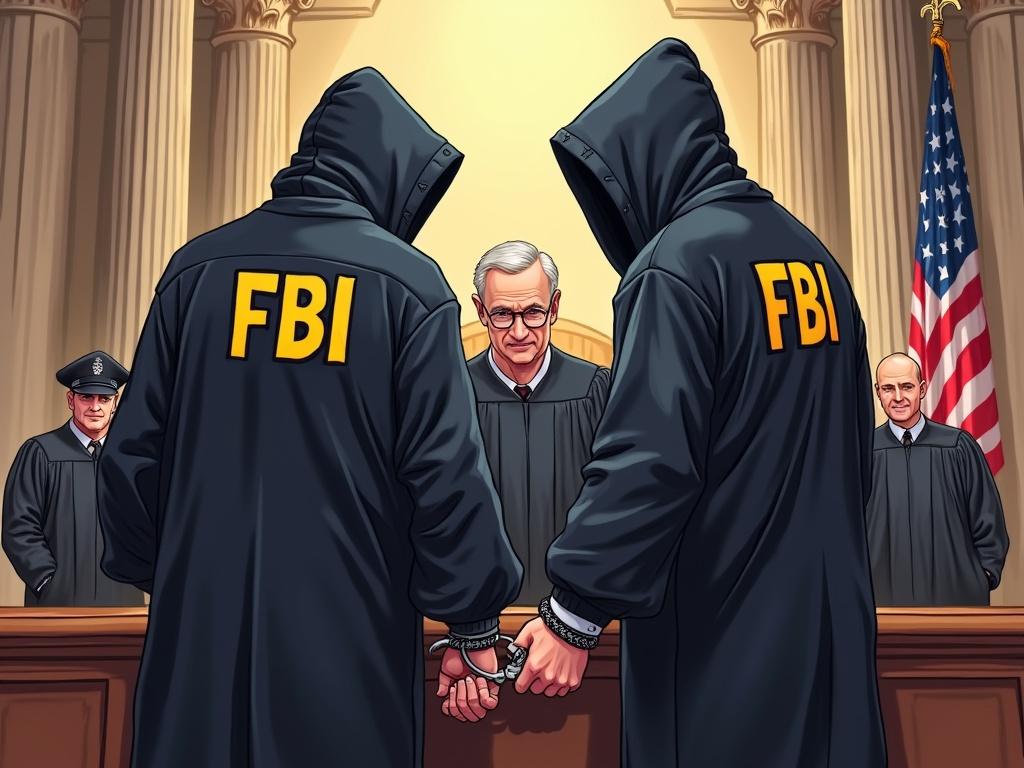 Cartoon image of hooded FBI agents putting handcuffs on two supreme court judges inside the US supreme court building.