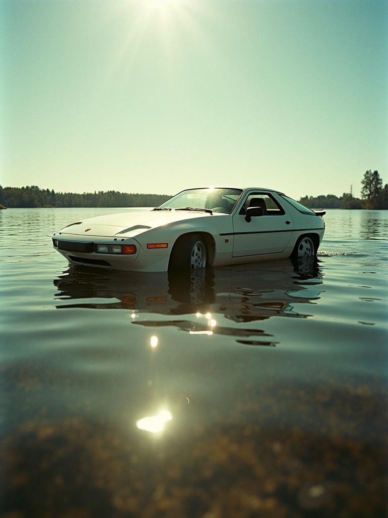 Candid full body photo of classic Porsche 928 in lake during day. Sunlight shines from above casting shadows. Shot taken from below car. Analog film photography with vintage style. Details of water reflections and background landscape visible.