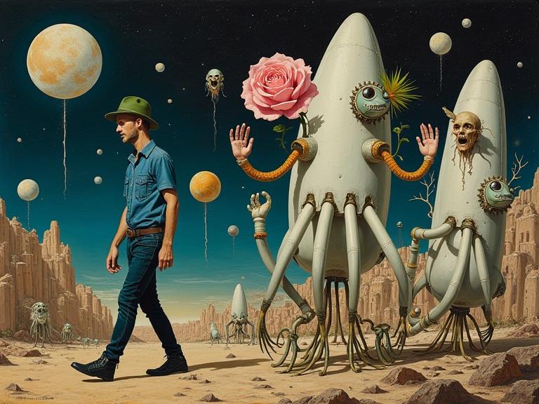 Surreal and highly detailed scene featuring a walking figure in a blue shirt and green hat. Surround with organic and mechanical parts including pod-like structures, hands, and flowers. Set against a surreal landscape with a starry sky and distant planets. Use rich colors and intricate details.