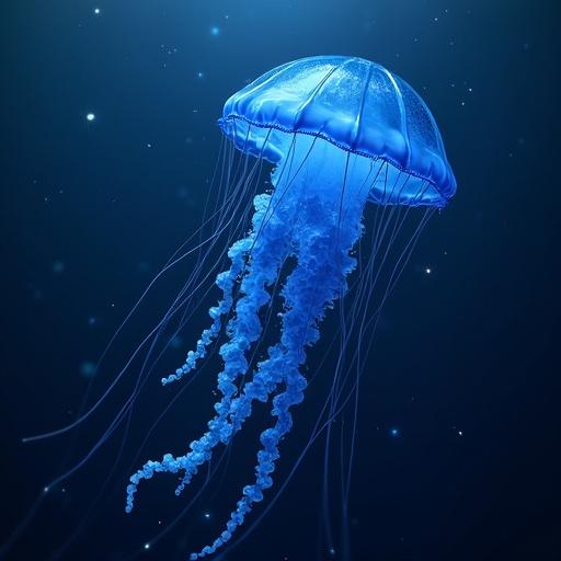 A dark blue jellyfish illuminated in dark water. The jellyfish contains a crescent and stars within it. Soft glows and underwater ambiance in the background.