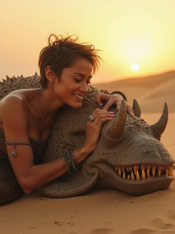A tanned beautiful warrior woman with a short rebel haircut and golden eyes lies on a monstrous wormlike beast in the desert. She laughs as it gently brushes her with a horned tendril. Sand blows in the wind. The sun is low on the horizon. Dry heat shimmers around them.