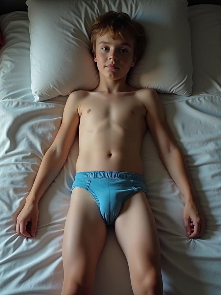 A 15 year old boy lies on the bed in blue underwear