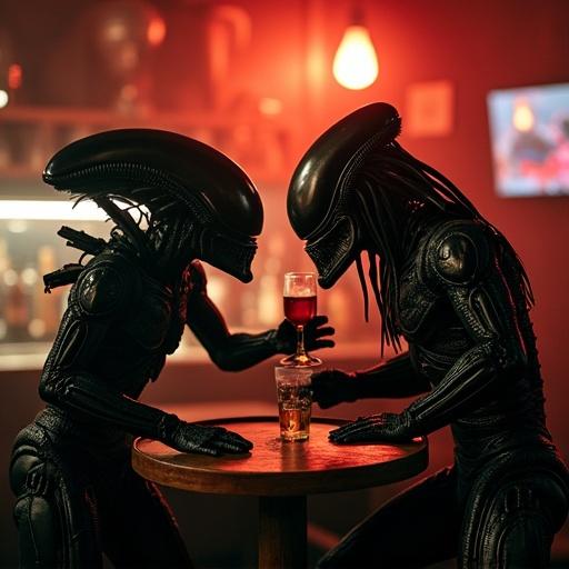 Alien from the movie Alien and Predator from the movie PREDATOR engage in an arm wrestling match in a dimly lit bar. They are positioned at a table with drinks in front of them.