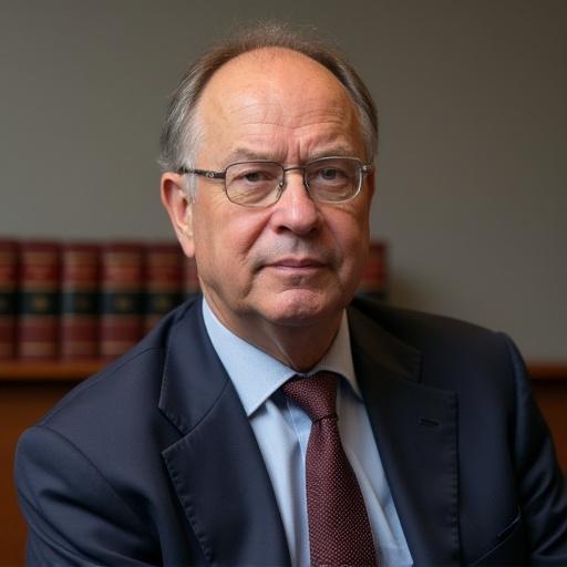 Formal portrait of a mature man wearing glasses and a suit. He has light gray hair and is looking straight at the camera. Bookshelves in the background suggest an academic or legal setting.