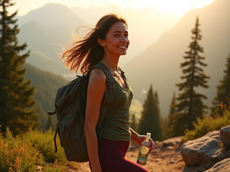 A woman is standing on a mountain trail during golden hour. She has long brown hair that flows in the breeze. Earthy colored tank top and leggings are worn. A lightweight backpack is over her shoulders. She holds a water bottle. The view includes mountains and trees. Sunbeams illuminate the landscape. Wildflowers and a trail marker are visible. The overall ambiance is lively and natural.