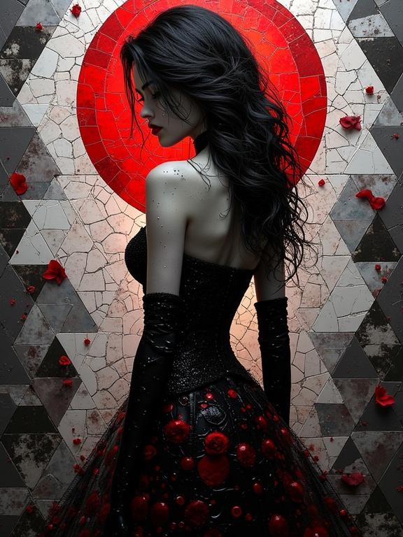 Ethereal and abstract Gothic young woman with dark red silhouette seen from the back. Surrounded by a mosaic background featuring tiles and glass. Image evokes mystery and intrigue. Floral elements in dark red. Dramatic black and white contrast.