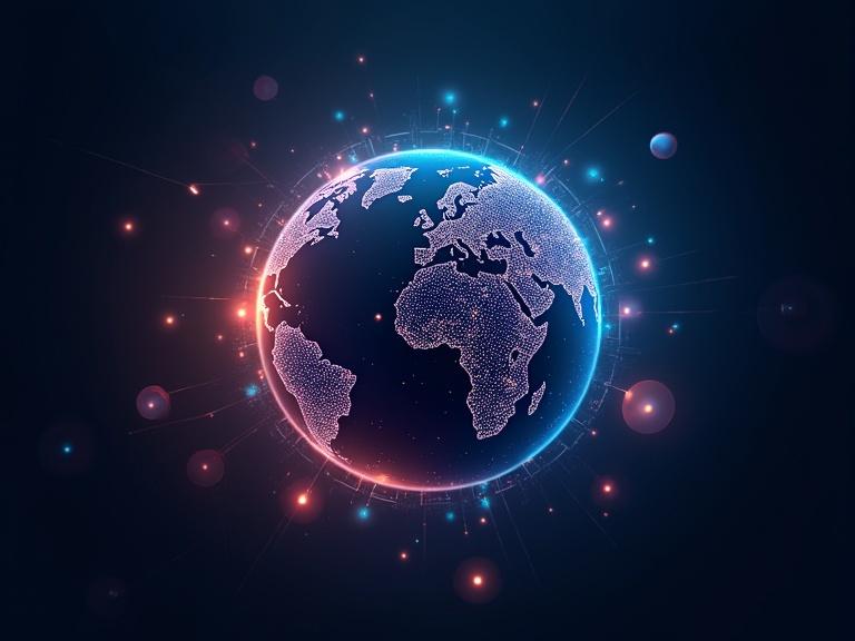 Futuristic globe made of interconnected lines and nodes glowing surrounded by colorful orbs and light trails against a dark background. Represents global connectivity technology or digital network.